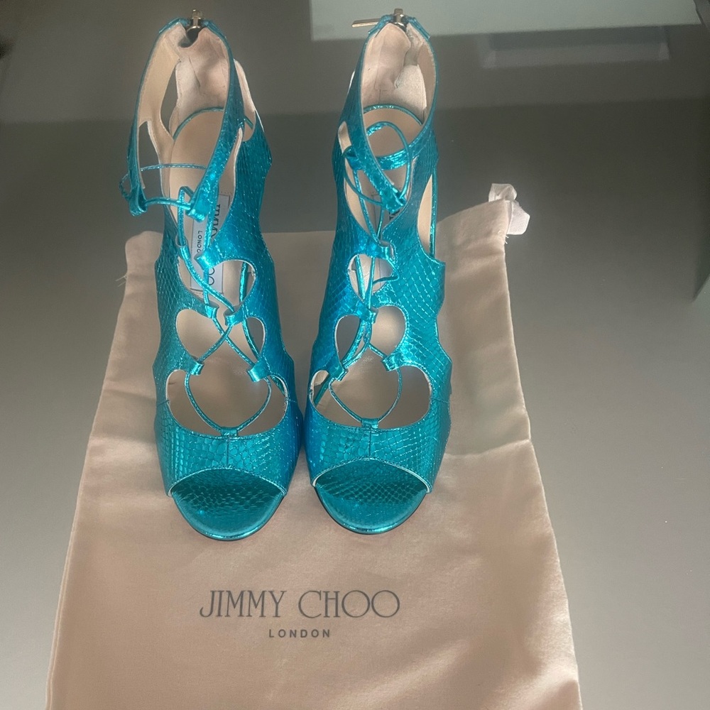 Jimmy Choo Turquoise paten leather snake print heels